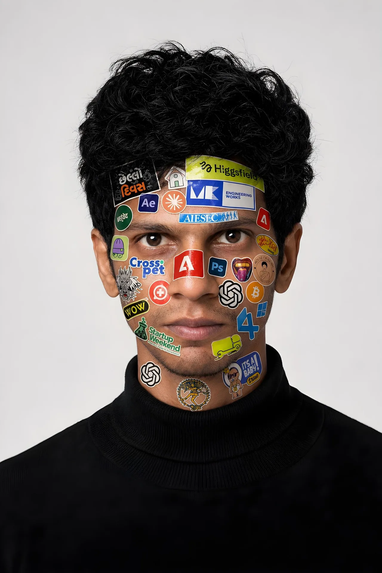Anirudh Venkatesan, face covered in stickers of the brands, tools and productions he has worked on.